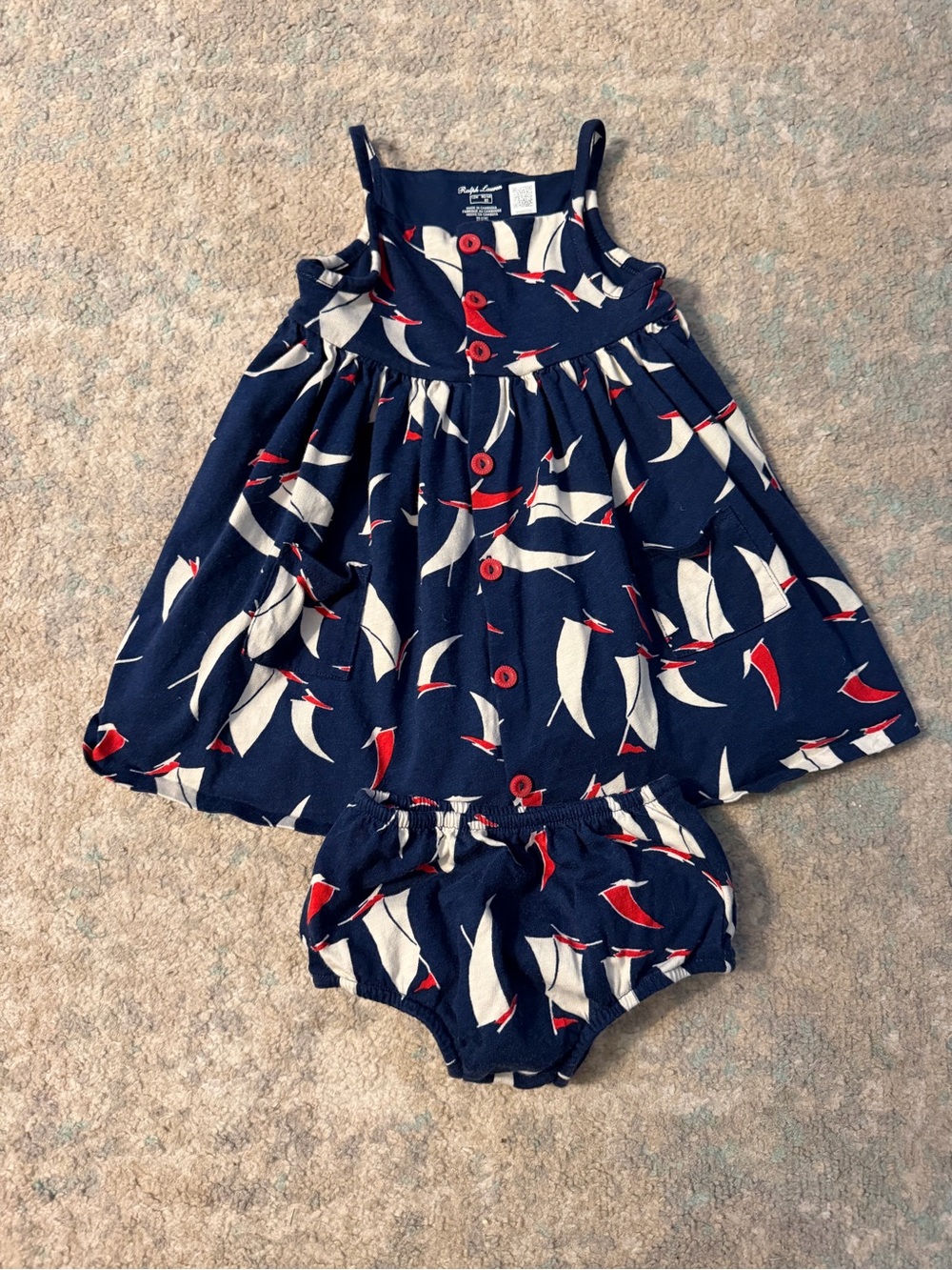 Ralph Lauren Navy Sailboat Print Dress with Matching Bloomer - Red & White